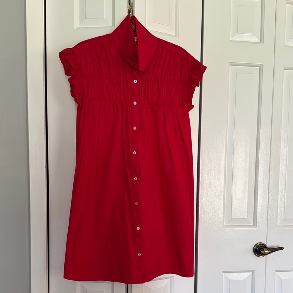 Red Button-Up Dress with Ruffled Sleeves